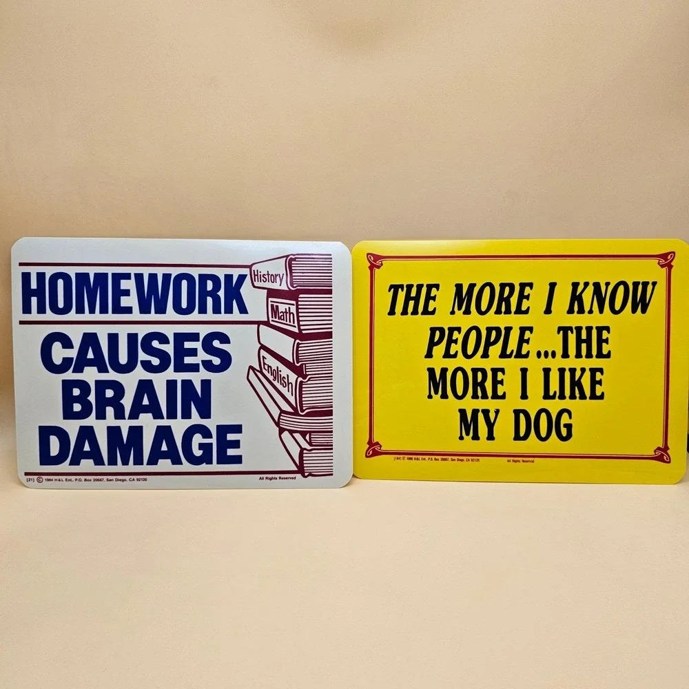 Vintage 1984 1986 H&L Ent Homework Causes Brain Damage Sign Retro Funny Set of 2
